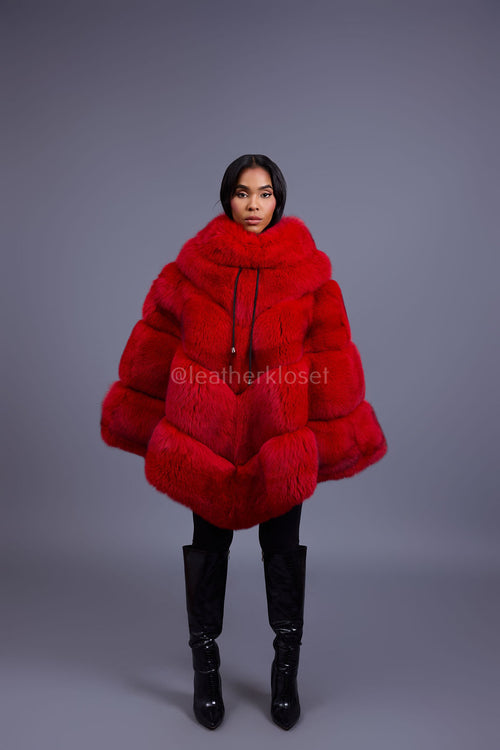 Women's Fox Fur Poncho [Red]