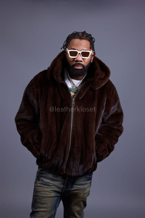 Men's Full-Skin Mink Bomber Jacket With Removable Hood [Chocolate]