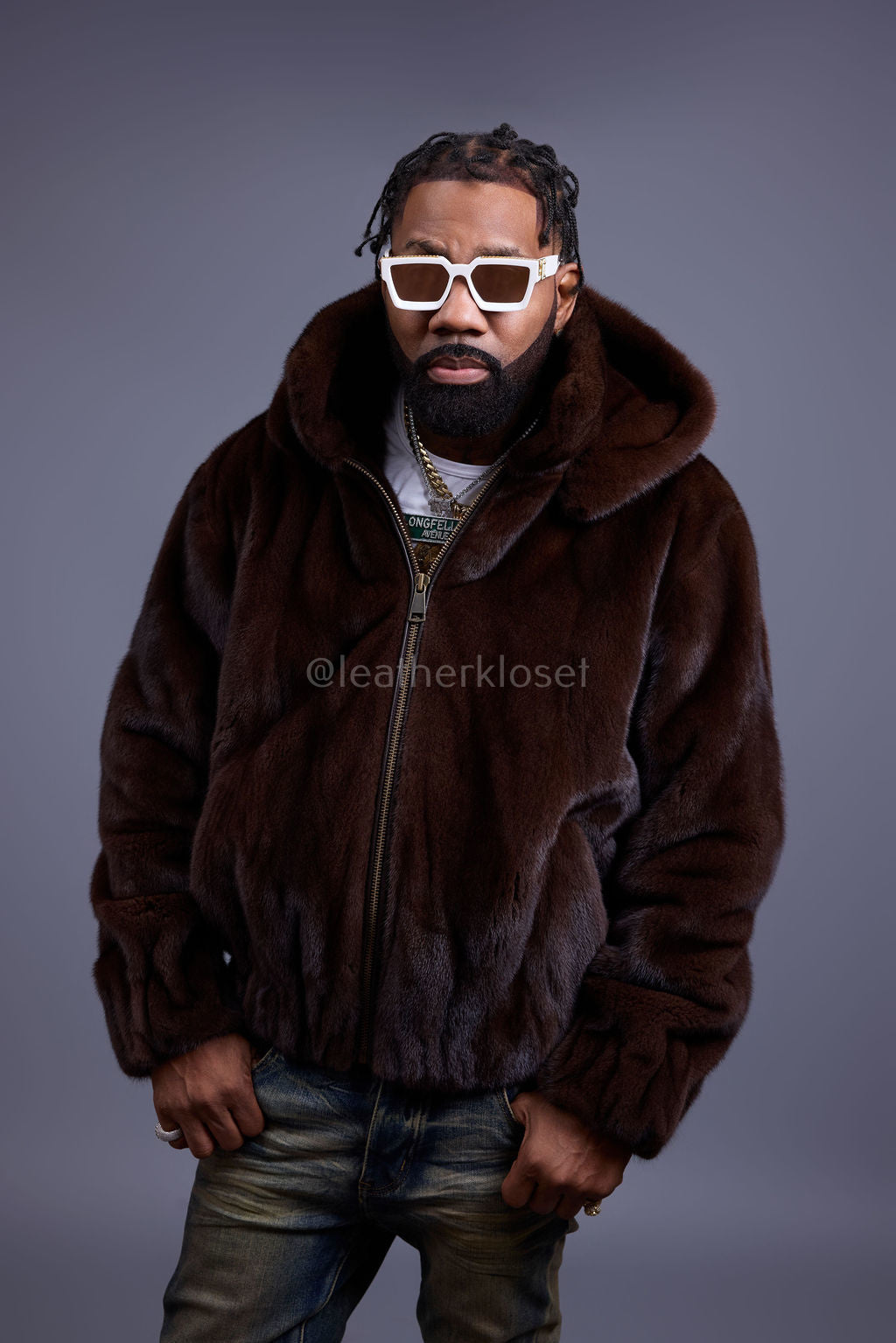 Men's Full-Skin Mink Bomber Jacket With Removable Hood [Chocolate