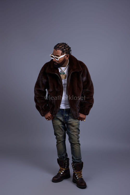 Men's Full-Skin Mink Bomber Jacket With Removable Hood [Chocolate]