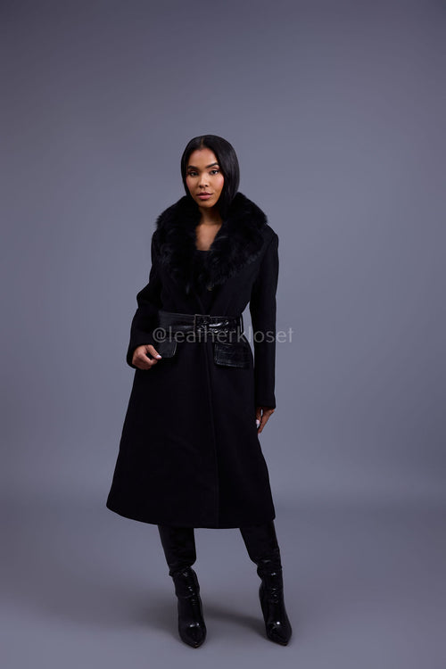 Women's Mandy Cashmere Trench Coat With Fur Trimming [Black]
