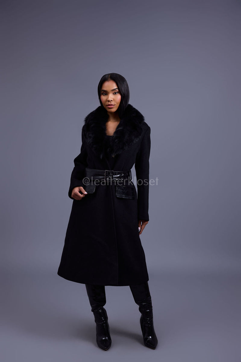 Women's Mandy Cashmere Trench Coat With Fur Trimming [Black]