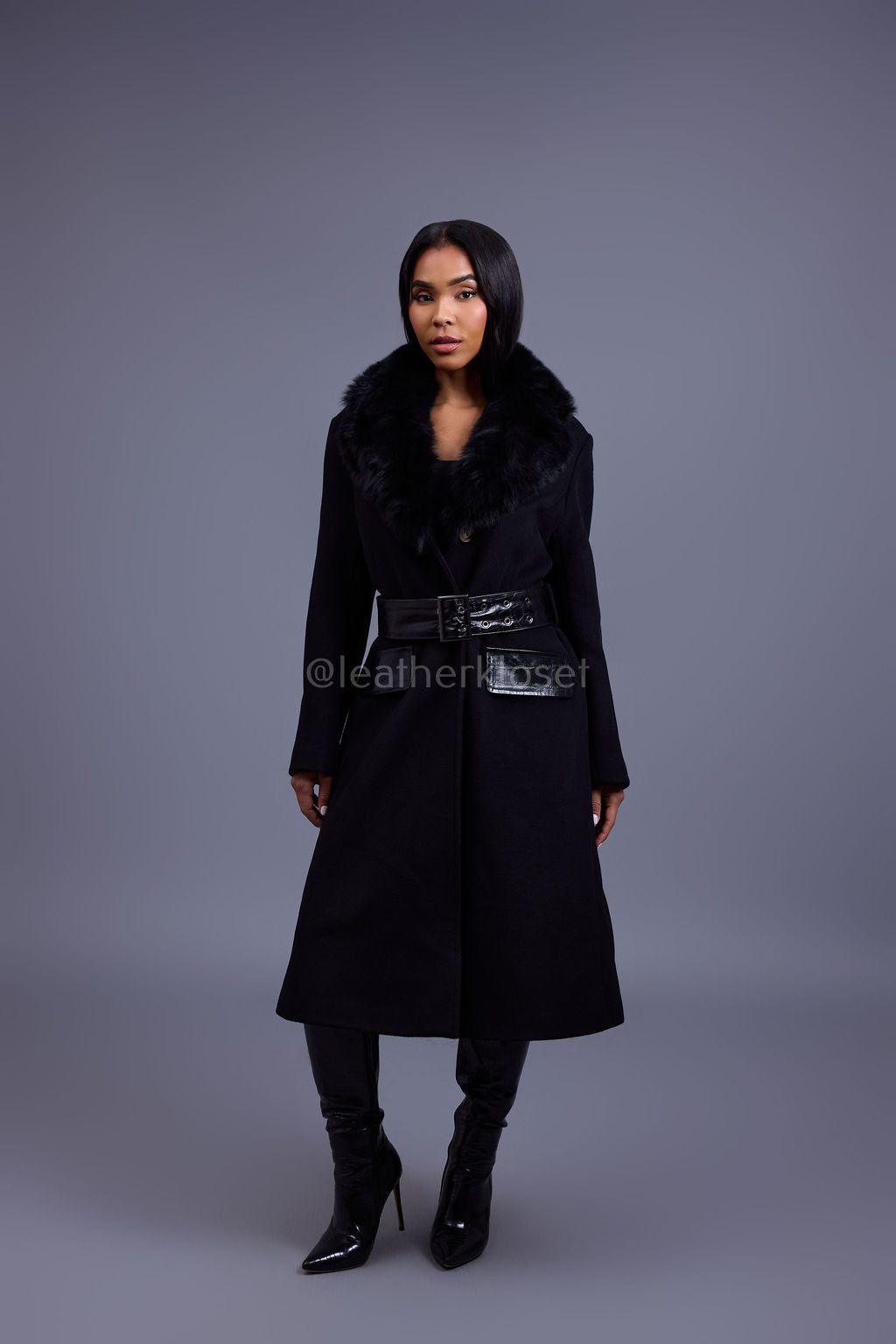 Women's Mandy Cashmere Trench Coat With Fur Trimming [Black]