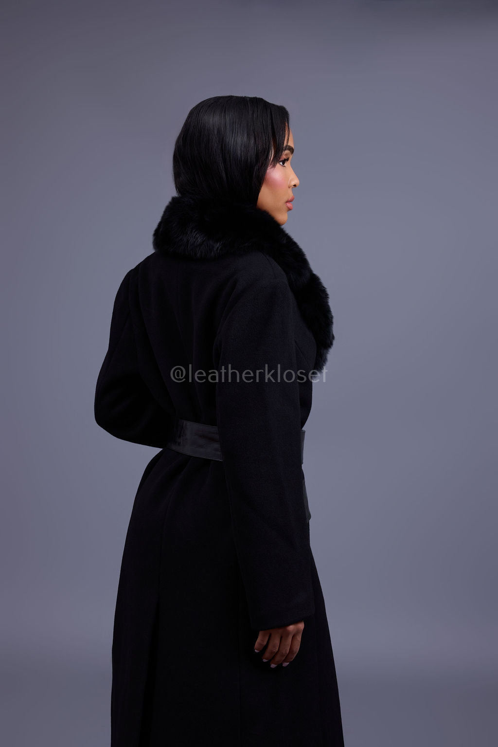 Women's Mandy Cashmere Trench Coat With Fur Trimming [Black]