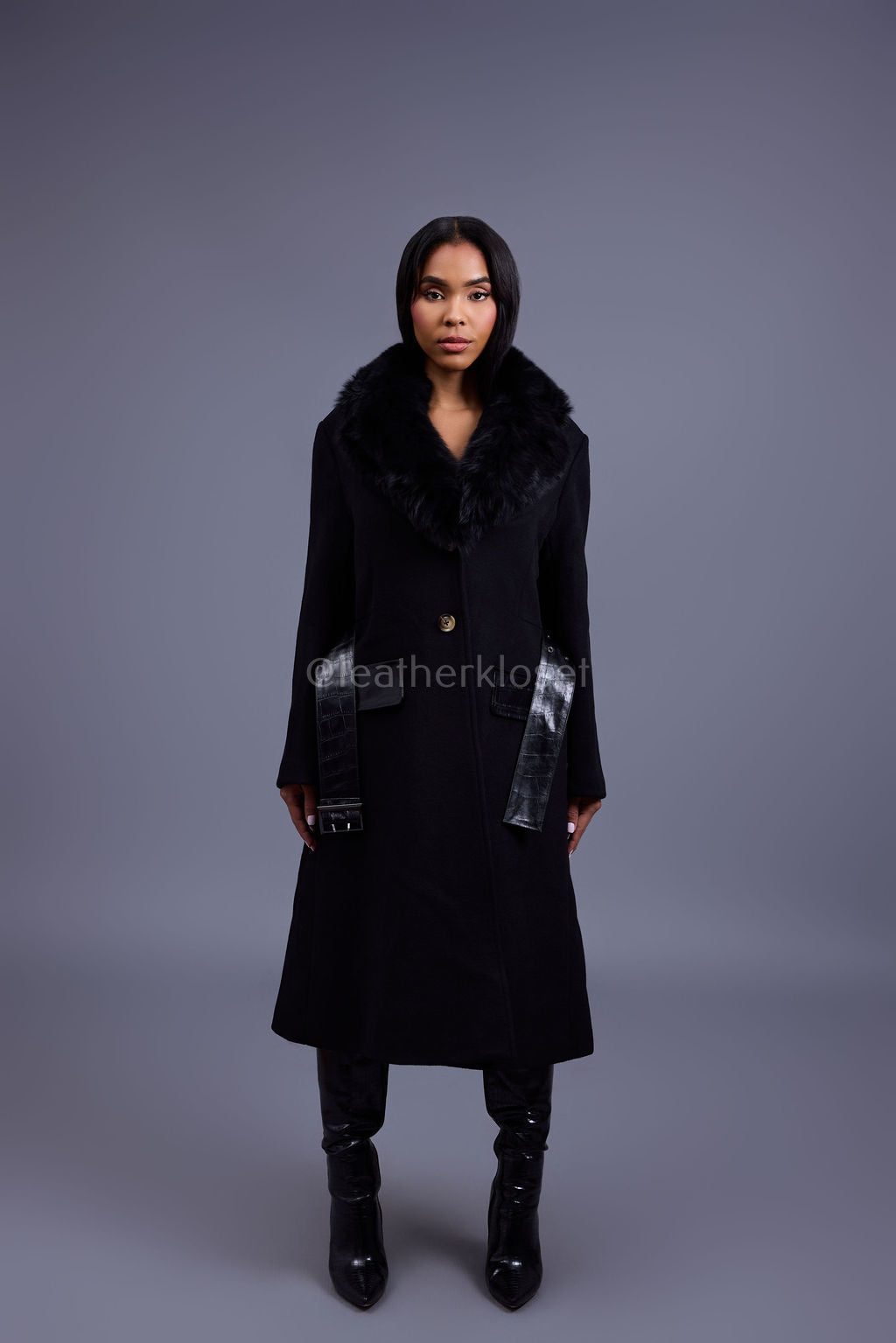 Women's Mandy Cashmere Trench Coat With Fur Trimming [Black]