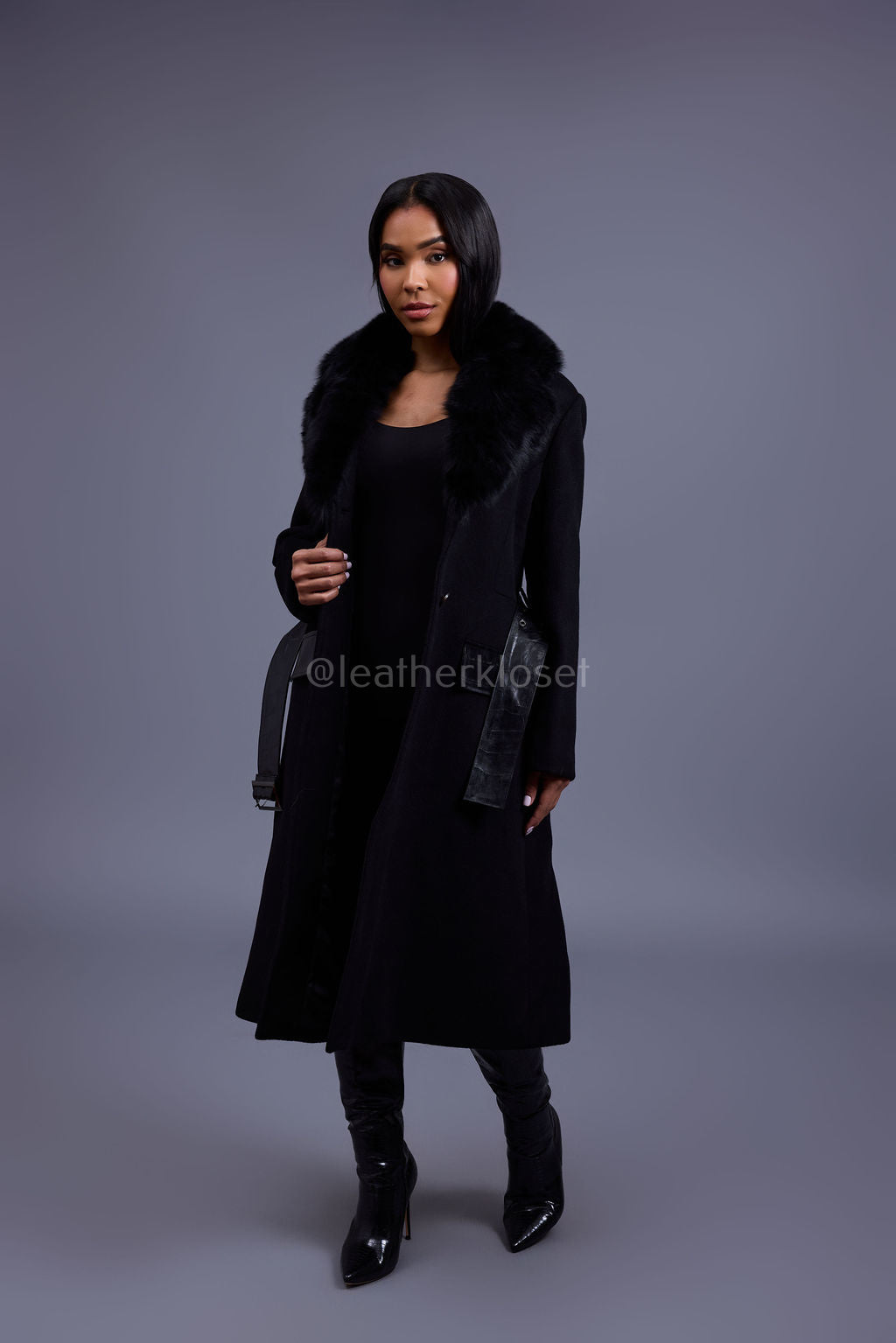Women's Mandy Cashmere Trench Coat With Fur Trimming [Black]