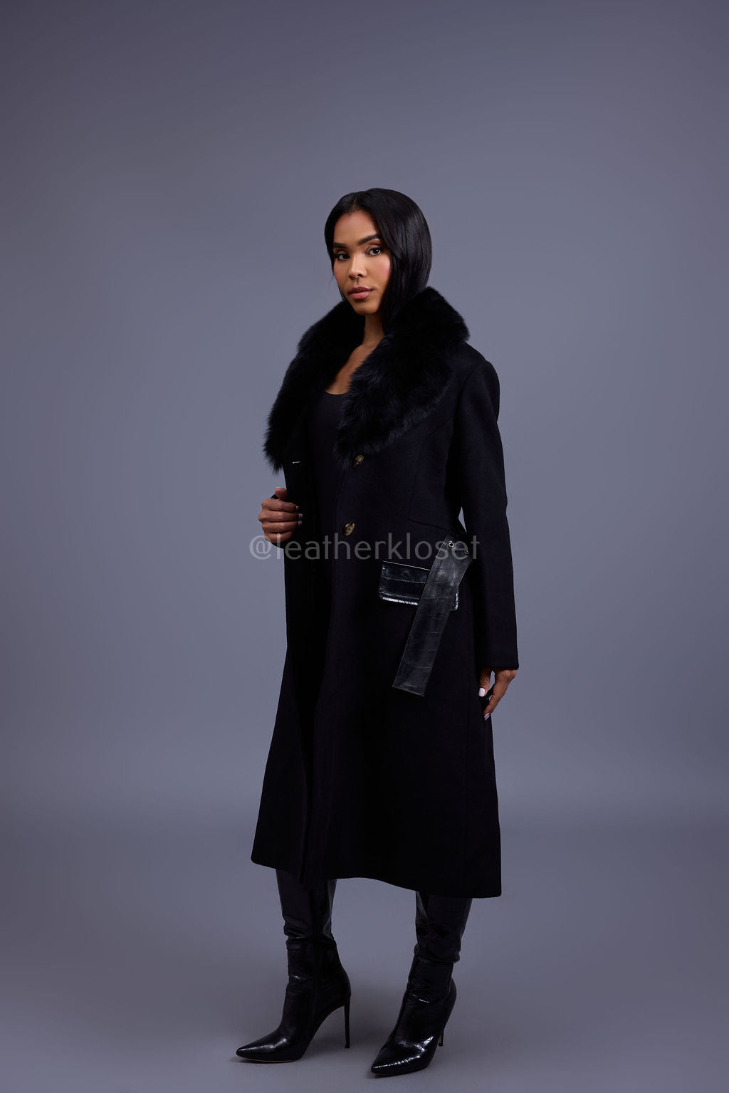 Women's Mandy Cashmere Trench Coat With Fur Trimming [Black]