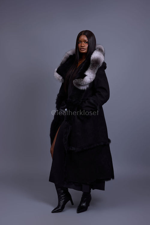 Women's Pocahontas Sheepskin Trench Coat [Black]