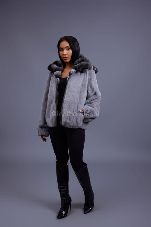 Women's Mink Bomber With Chinchilla Collar And Hood [Grey]