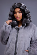 Women's Mink Bomber With Chinchilla Collar And Hood [Grey]