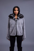 Women's Mink Bomber With Chinchilla Collar And Hood [Grey]