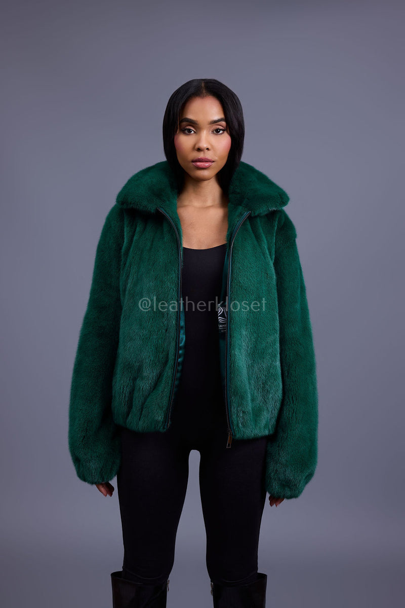 Women's Michelle Full Skin Mink Bomber Jacket [Green]