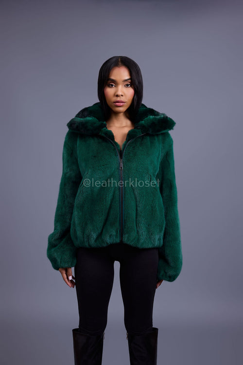 Women's Mink Bomber With Chinchilla Collar And Hood [Green]