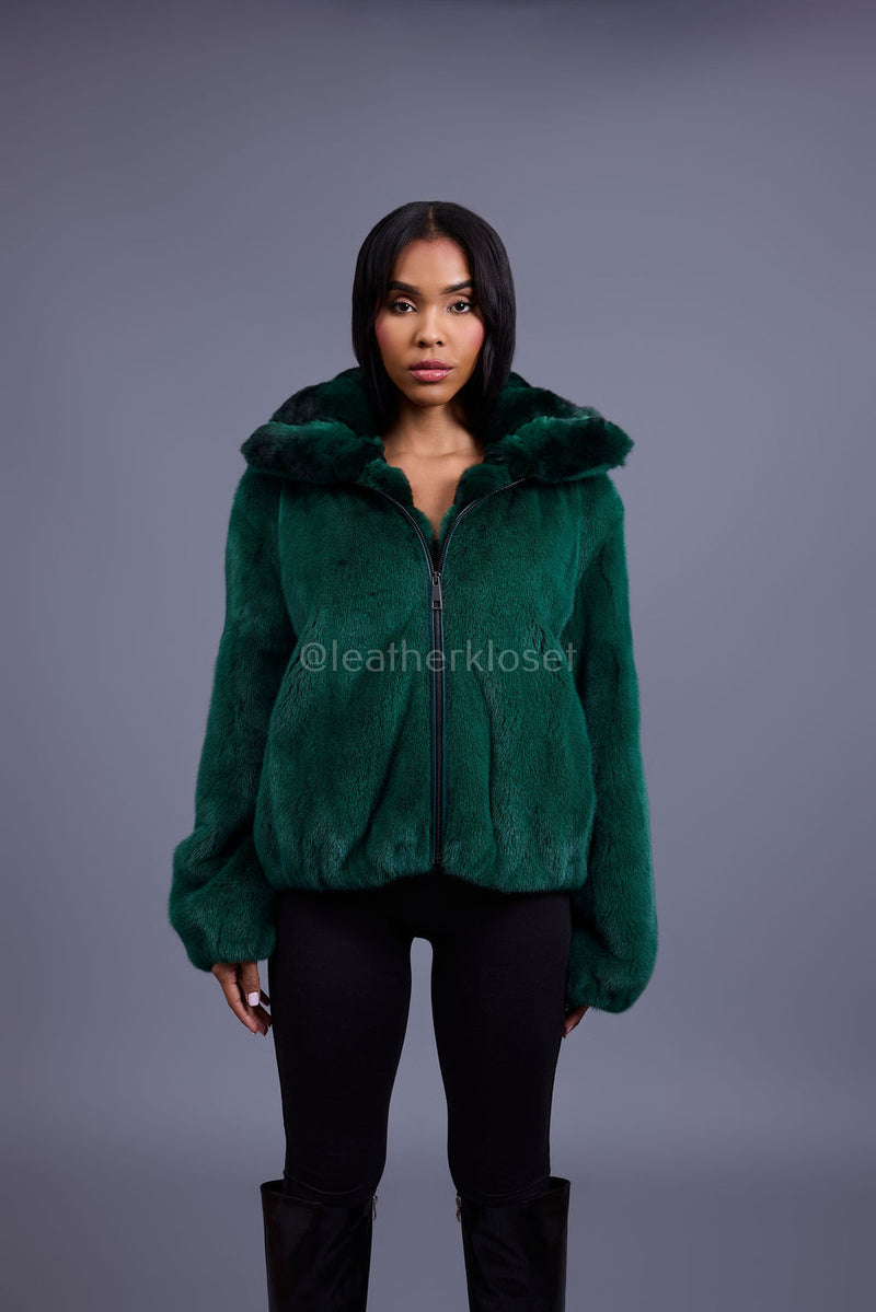 Women's Mink Bomber With Chinchilla Collar And Hood [Green]