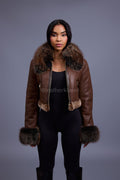 Women's Aurora Crop Sheepskin Jacket With Fox [Chocolate]