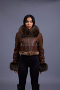 Women's Aurora Crop Sheepskin Jacket With Fox [Chocolate]