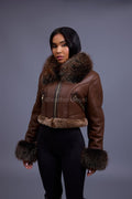 Women's Aurora Crop Sheepskin Jacket With Fox [Chocolate]