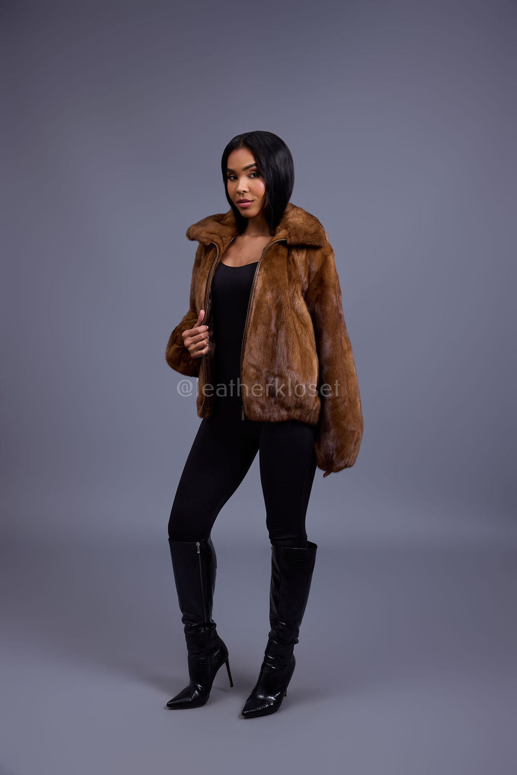 Women's Michelle Full Skin Mink Bomber Jacket [Whiskey]