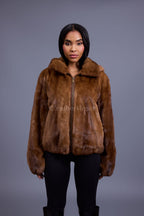 Women's Michelle Full Skin Mink Bomber Jacket [Whiskey]