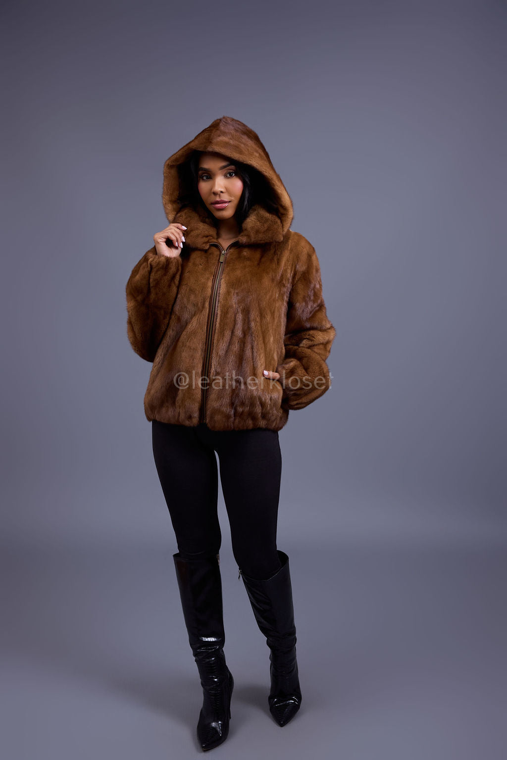 Women's Michelle Full Skin Mink Bomber Jacket [Whiskey]