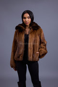 Women's Mink Bomber With Chinchilla Collar And Hood [Whiskey]