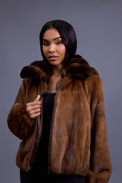 Women's Mink Bomber With Chinchilla Collar And Hood [Whiskey]