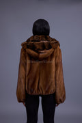 Women's Mink Bomber With Chinchilla Collar And Hood [Whiskey]