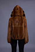 Women's Mink Bomber With Chinchilla Collar And Hood [Whiskey]