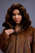 Women's Mink Bomber With Chinchilla Collar And Hood [Whiskey]