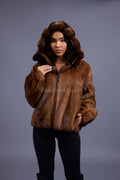 Women's Mink Bomber With Chinchilla Collar And Hood [Whiskey]