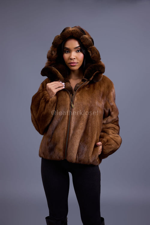 Women's Mink Bomber With Chinchilla Collar And Hood [Whiskey]