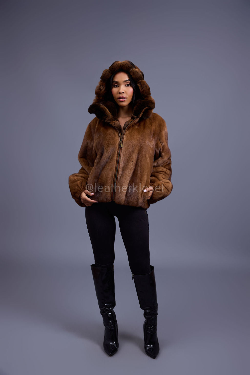 Women's Mink Bomber With Chinchilla Collar And Hood [Whiskey]