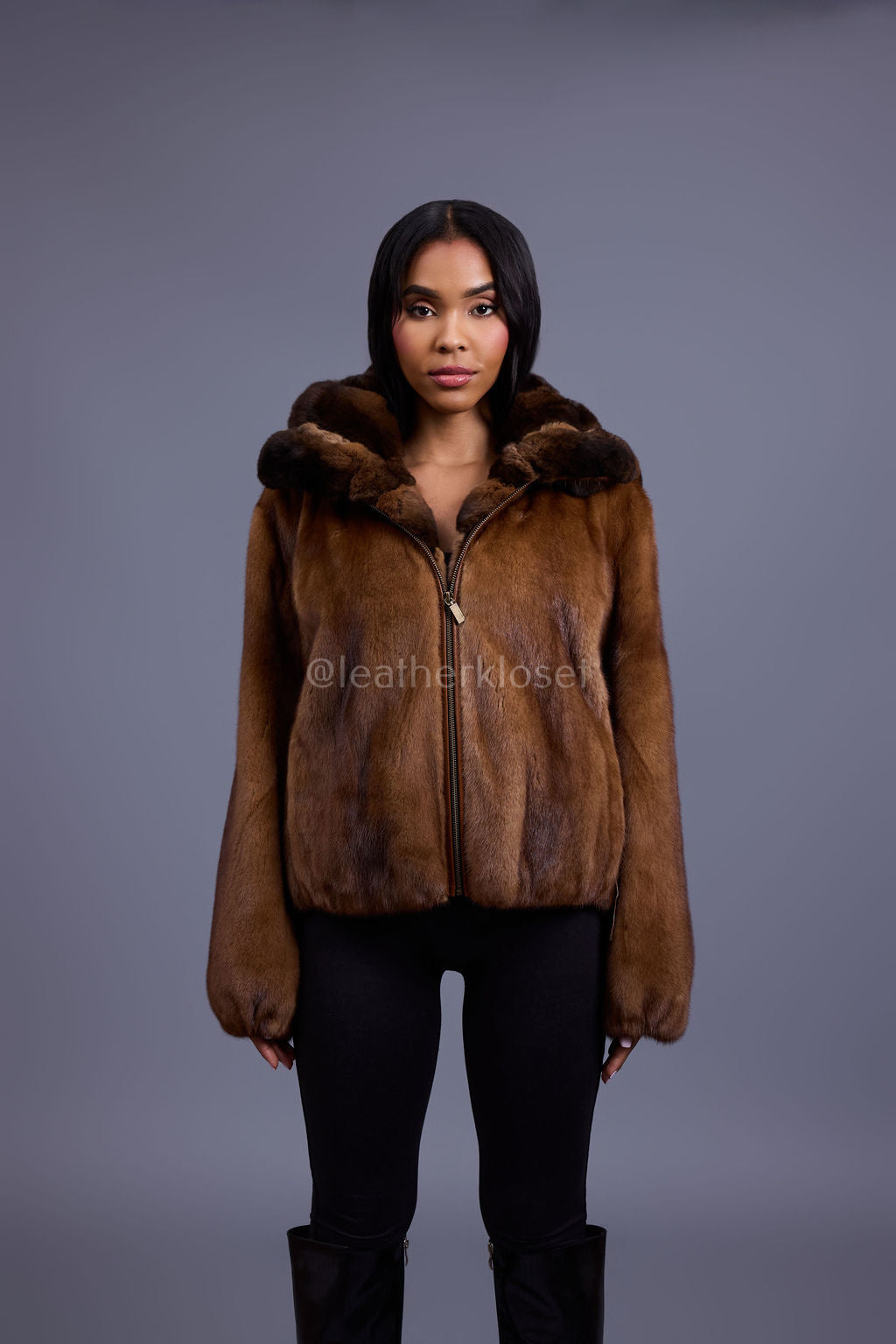 Women's Mink Bomber With Chinchilla Collar And Hood [Whiskey]