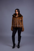 Women's Mink Bomber With Chinchilla Collar And Hood [Whiskey]