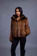 Women's Mink Bomber With Chinchilla Collar And Hood [Whiskey]