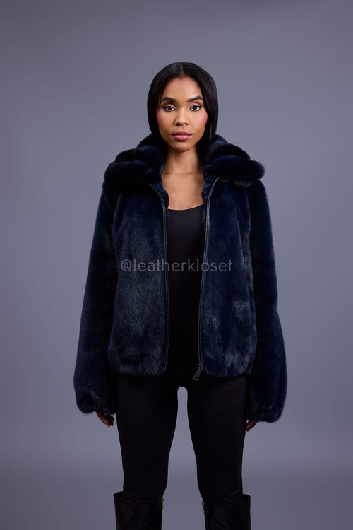 Women's Mink Bomber With Chinchilla Collar And Hood [Navy]