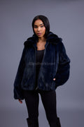 Women's Mink Bomber With Chinchilla Collar And Hood [Navy]
