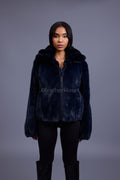 Women's Mink Bomber With Chinchilla Collar And Hood [Navy]