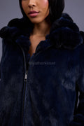 Women's Mink Bomber With Chinchilla Collar And Hood [Navy]