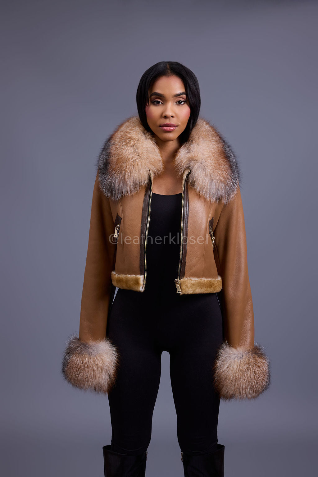 Women's Aurora Crop Sheepskin Jacket With Fox [Whiskey Napa]