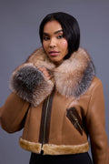 Women's Aurora Crop Sheepskin Jacket With Fox [Whiskey Napa]