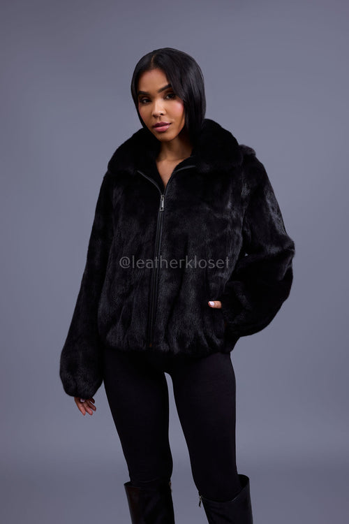 Women's Michelle Full Skin Mink Bomber Jacket [Black]