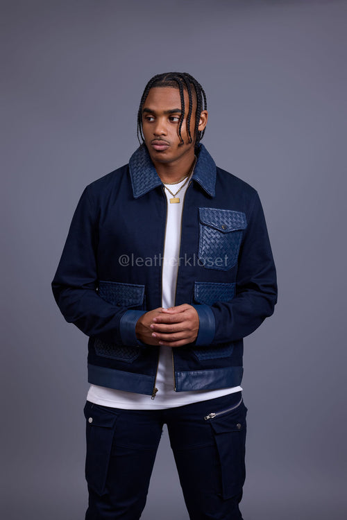 Men's Camron Camo Cotton & Leather Jacket [Navy]