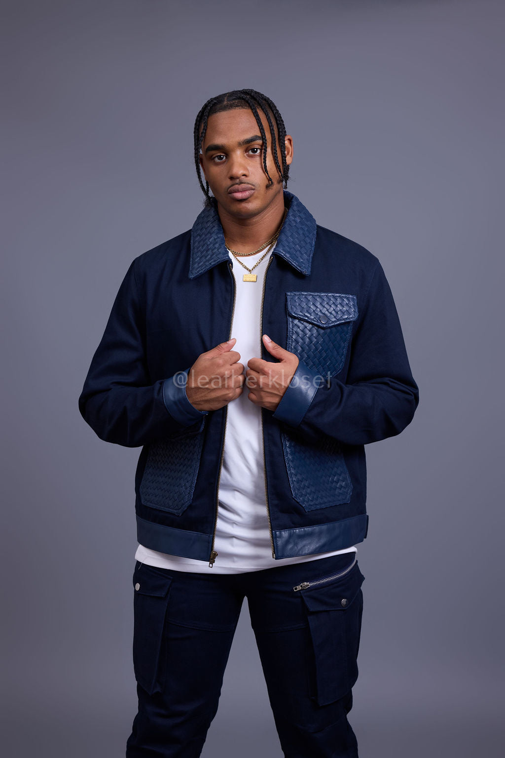 Men's Camron Camo Cotton & Leather Jacket [Navy]