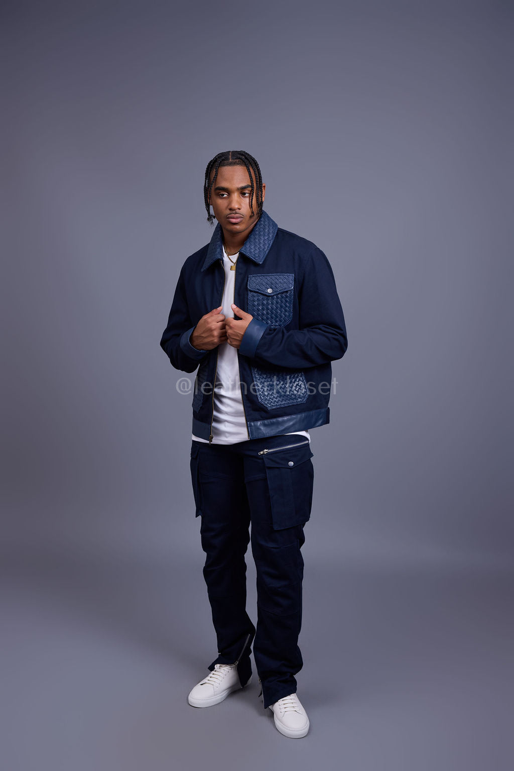 Men's Camron Camo Cotton & Leather Jacket [Navy]