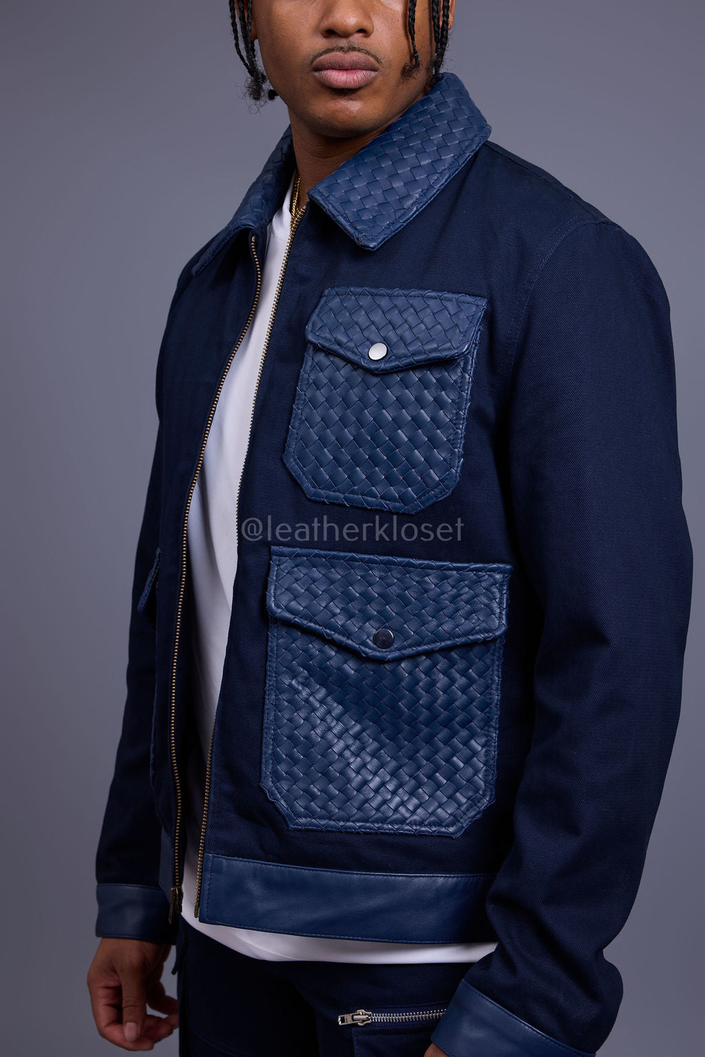 Men's Camron Camo Cotton & Leather Jacket [Navy]