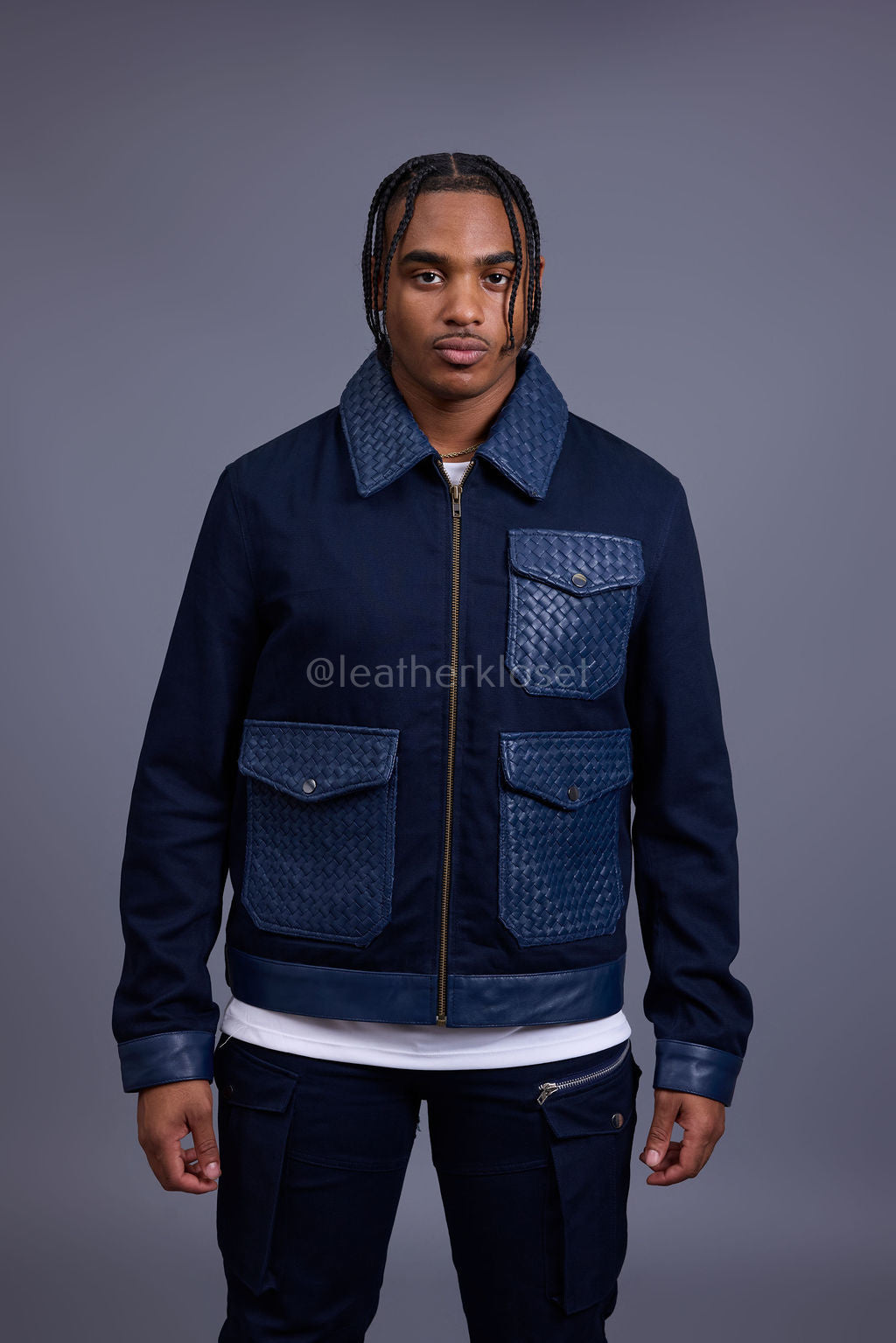 Men's Camron Camo Cotton & Leather Jacket [Navy]