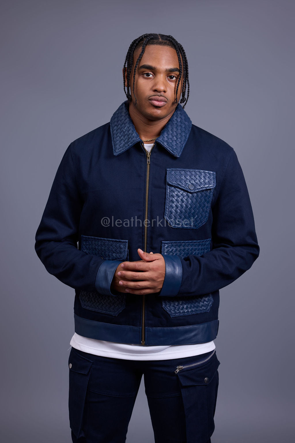 Men's Camron Camo Cotton & Leather Jacket [Navy]