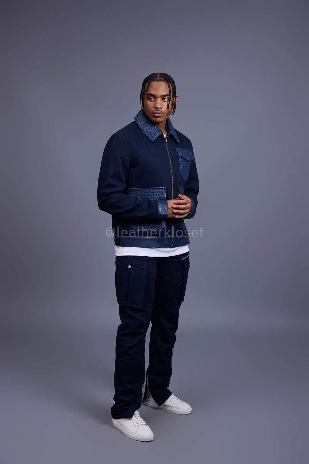 Men's Camron Camo Cotton & Leather Jacket [Navy]