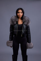 Women's Aurora Crop Sheepskin Jacket With Fox [Black/Silver]
